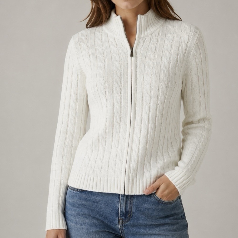 LL Bean Ivory Mock Neck Full Zip Cable Cotton Cardigan Sweater Size LARGE